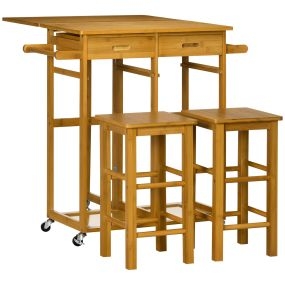 Juego de mesa alta de bar y 2 taburetes de bambú con ruedas, plegable, marrón