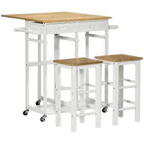 Juego de mesa alta de bar y 2 taburetes de bambú con ruedas, plegable, natural y blanco