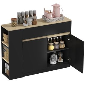 Aparador de cocina estrecho con 2 cajones, 3 estantes abiertos, 2 puertas, negro, 110x29,5x82 cm