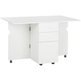 Mesa de comedor plegable extensible con alas abatibles, 6 ruedas, 2 cajones, blanco 120x80x75 cm