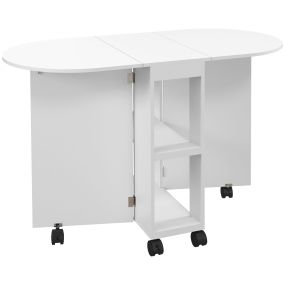 Mesa de comedor plegable con ruedas, alas abatibles y 2 estantes abiertos, blanco 120x60x77 cm