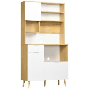 Alacena de cocina alta con 3 puertas, cajón, estante ajustable y encimera 93x40x180 cm natural y blanco