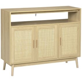 Aparador de cocina estilo boho con 3 puertas de ratán y patas de madera 120x40x97 cm natural