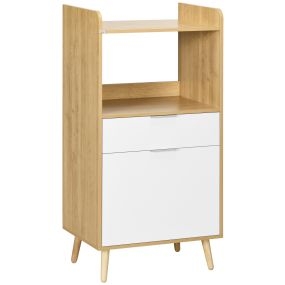 Mueble microondas auxiliar de cocina estilo escandinavo con armario, cajón y estante ajustable 58x40x118 cm natural y blanco