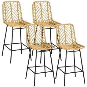 Conjunto de 4 taburetes de bar modernos con asiento de ratán sintético y patas de acero natural