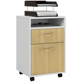 Cajonera de oficina móvil con cajón y gabinete, soporte de impresora, 40x35x60 cm, natural y blanco