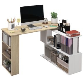 Escritorio esquinero giratorio en L 120x110 cm natural y blanco con estantes para oficina en casa