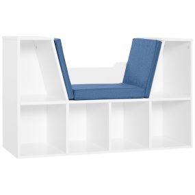 Librería con asiento y 6 cubos, banco con cojín, 102x30x61 cm, blanco y azul