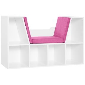 Librería con asiento y 6 cubos, estantería con banco y cojín, 102x30x61 cm, blanco y rosa