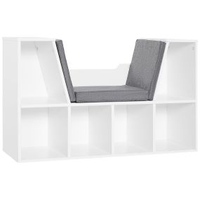 Librería con asiento y 6 cubos, banco con cojín, 102x30x61 cm, blanco y gris