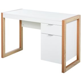 Mesa de escritorio espaciosa con cajón y armario, patas rectangulares, estilo moderno, blanco