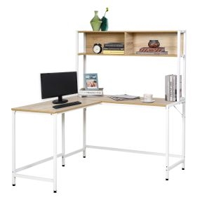Escritorio en L multifuncional con estantes altos 140x125x149 cm color madera