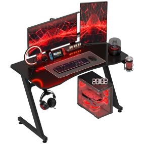 Mesa gaming ergonómica 120x65x74,5 cm con portavasos, gancho y pies ajustables negro fibra de carbono