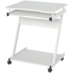 Mesa de ordenador con ruedas 60x48 cm, escritorio moderno blanco con bandeja para teclado y estante inferior, marco metálico en Z para oficina y estudio