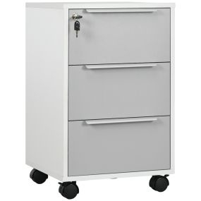Cajonera de escritorio con 3 cajones, ruedas, cerradura y 2 llaves, 40x40x63,5 cm, blanco y gris