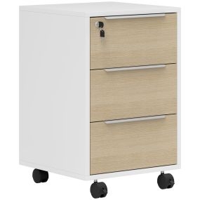 Cajonera de escritorio con 3 cajones, ruedas, cerradura y 2 llaves, 40x40x63,5 cm, blanco y roble