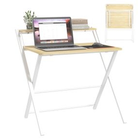 Mesa de escritorio plegable con estante superior estilo moderno 81,5x70x84 cm natural y blanco