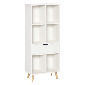 Estantería librería blanca con 1 cajón, 6 compartimentos y patas de madera 50x29,5x120 cm
