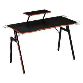 Mesa gaming para computadora con soporte para monitor, portavasos y gancho, fibra de carbono, negro, 120x60x94,5 cm