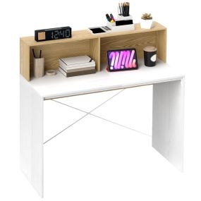 Escritorio 110x50x102,6 cm con 2 compartimentos abiertos y estante, blanco y madera natural