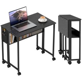 Escritorio plegable con ruedas y estante, 80x50x75 cm, negro