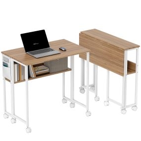 Escritorio plegable con ruedas y estante, 80x50x75 cm, natural