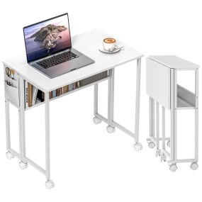 Escritorio plegable con ruedas y estante, 80x50x75 cm, blanco