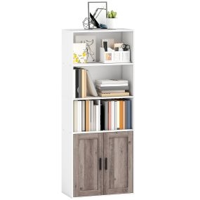 Estantería estrecha para libros con puertas, estantes abiertos y balda ajustable, 60x30x149,5 cm, blanco y marrón