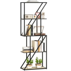 Librería de 5 niveles industrial con estantes abiertos y marco de acero, 60x30x165 cm, roble