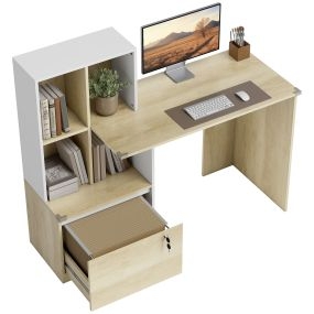 Escritorio de oficina con 4 estantes y cajón archivador A4 con cerradura, roble