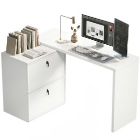 Escritorio en L reversible con 2 cajones archivadores, blanco, para oficina en casa