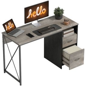 Mesa de ordenador industrial 120x50 cm con compartimento y 2 cajones gris claro