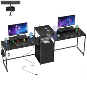 Mesa gaming doble extralarga 244 cm con estación de carga, USB, soportes para monitor, cajones y ganchos, negro