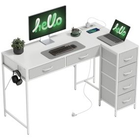 Escritorio esquinero reversible 126x48 cm con 6 cajones de tela, toma de corriente, USB y USB-C, blanco