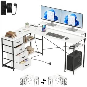 Escritorio Esquinero con 4 Cajones de Tela, 155x112 cm, Escritorio en L Reversible con 2 Enchufes y 2 Puertos USB, Soporte para Monitor, 2 Ganchos, para Oficina en Casa, Estudio, Blanco