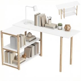 Escritorio Esquinero Plegable, 150 cm, Escritorio en L Moderno con Estantes de Almacenamiento y Marco de Bambú, Montaje Fácil, para Oficina en Casa, Dormitorio, Estudio, Blanco