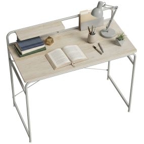 Escritorio, Mesa de Escritorio Moderno con Estante y Estructura de Metal, Fácil Montaje para Oficina en Casa, Dormitorio, Espacios Pequeños, 98x48x88,5 cm, Roble