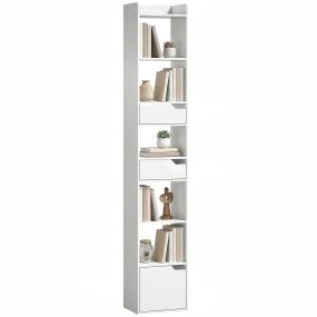 Estantería para libros con 2 cajones y puerta, 6 estantes abiertos, 32x24x181,5 cm, blanco