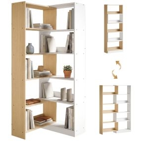 Estantería Expandible 5 Niveles, Librería para Libros Giratoria 350°, Ancho Ajustable, Convertible en en L, Recta o Compacta para Salón, Dormitorio, Estudio 111,5x23,8x163,7 cm Natural y Blanco