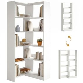 Estantería Expandible 5 Niveles, Librería para Libros Giratoria 350°, Ancho Ajustable, Convertible en en L, Recta o Compacta para Salón, Dormitorio, Estudio 111,5x23,8x163,7 cm Blanco
