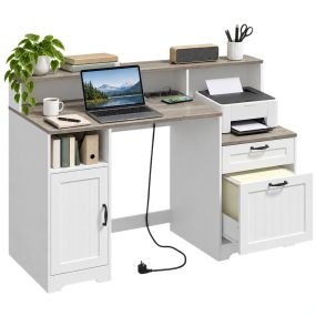 Escritorio Rústico 140 cm con Enchufes, Mesa Escritorio con 2 Cajones, Armario, Soporte para Impresora y Monitor, Barra Colgante Ajustable, Mesa Ordenador para Estudio Oficina en Casa, Blanco