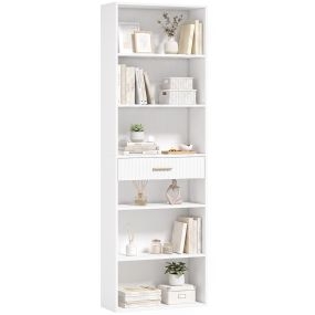 Estantería para libros alta y estrecha de 7 niveles con cajón, 6 compartimentos, 60x24x182 cm, blanco