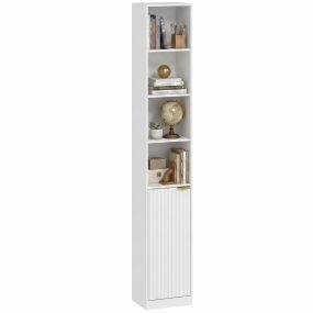 Estantería para libros de 6 niveles con 4 estantes abiertos, puerta y estante ajustable, 30x24x182 cm, blanco