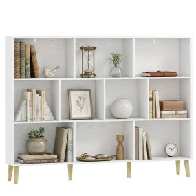 Estantería de 10 cubos con patas de madera maciza, 140x24x107 cm, blanco