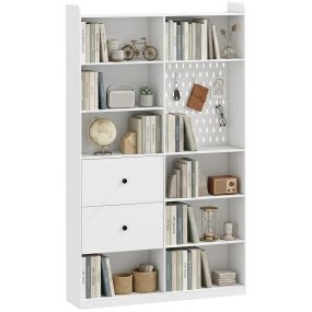 Estantería para libros alta y estrecha de 6 niveles con 2 cajones y 8 compartimentos, 120x30x200 cm, blanco