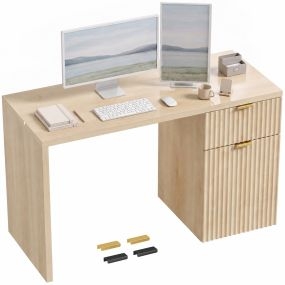 Escritorio Reversible con Cajón, 120 cm, Mesa de Escritorio con Armario, Estante Ajustable y Tablero Grueso, Diseño Moderno, Mesa de Ordenador para Espacios Pequeños, Oficina en Casa, Roble