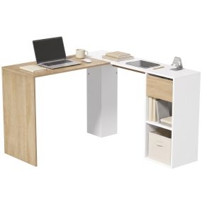 Escritorio Esquinero con Cajón y 2 Estantes, 120x110 cm, Escritorio en L con Almacenaje, Mesa de Ordenador para Oficina en Casa, Estudio, Blanco y Natural