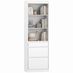 Estantería para Libros Alta y Estrecha, Librería de 6 Niveles con 3 Cajones, 3 Compartimentos Abiertos, Estantes Ajustables, Estilo Moderno, para Salón, Estudio, Oficina, 57x30x180 cm, Blanco