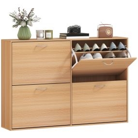 Zapatero Estrecho 4 Puertas, Zapatero Entrada Recibidor con Estantes Ajustables, para 16-24 Pares de Zapatos, para Pasillo, Espacios Reducidos, 120x24x81 cm, Natural