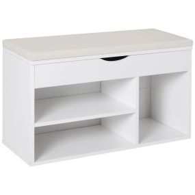 Banco zapatero de entrada con cajón, estantes abiertos y cojín 80x30x47 cm